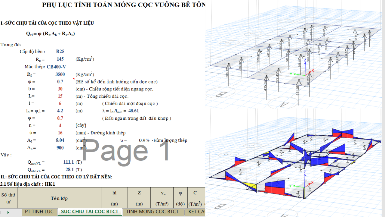 File Excel tính toán móng cọc ép vuông và mô hình ETABS