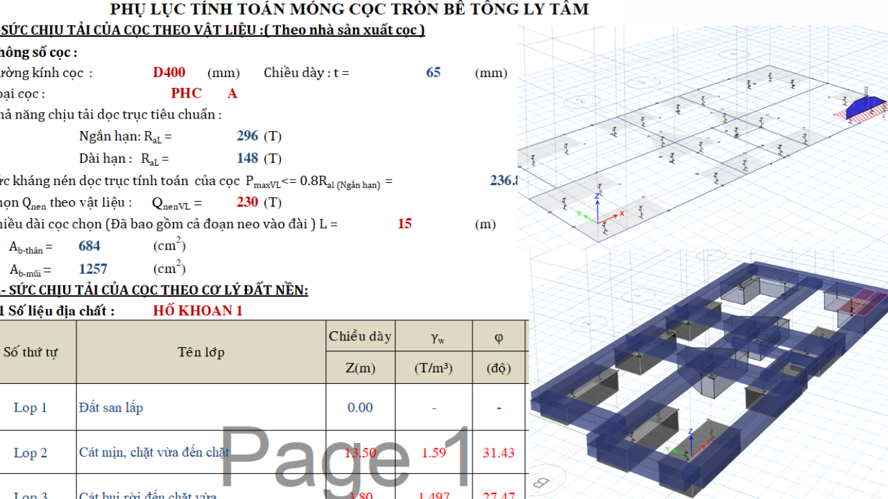 File tính toán và mô hình ETABS móng cọc bê tông ly tâm